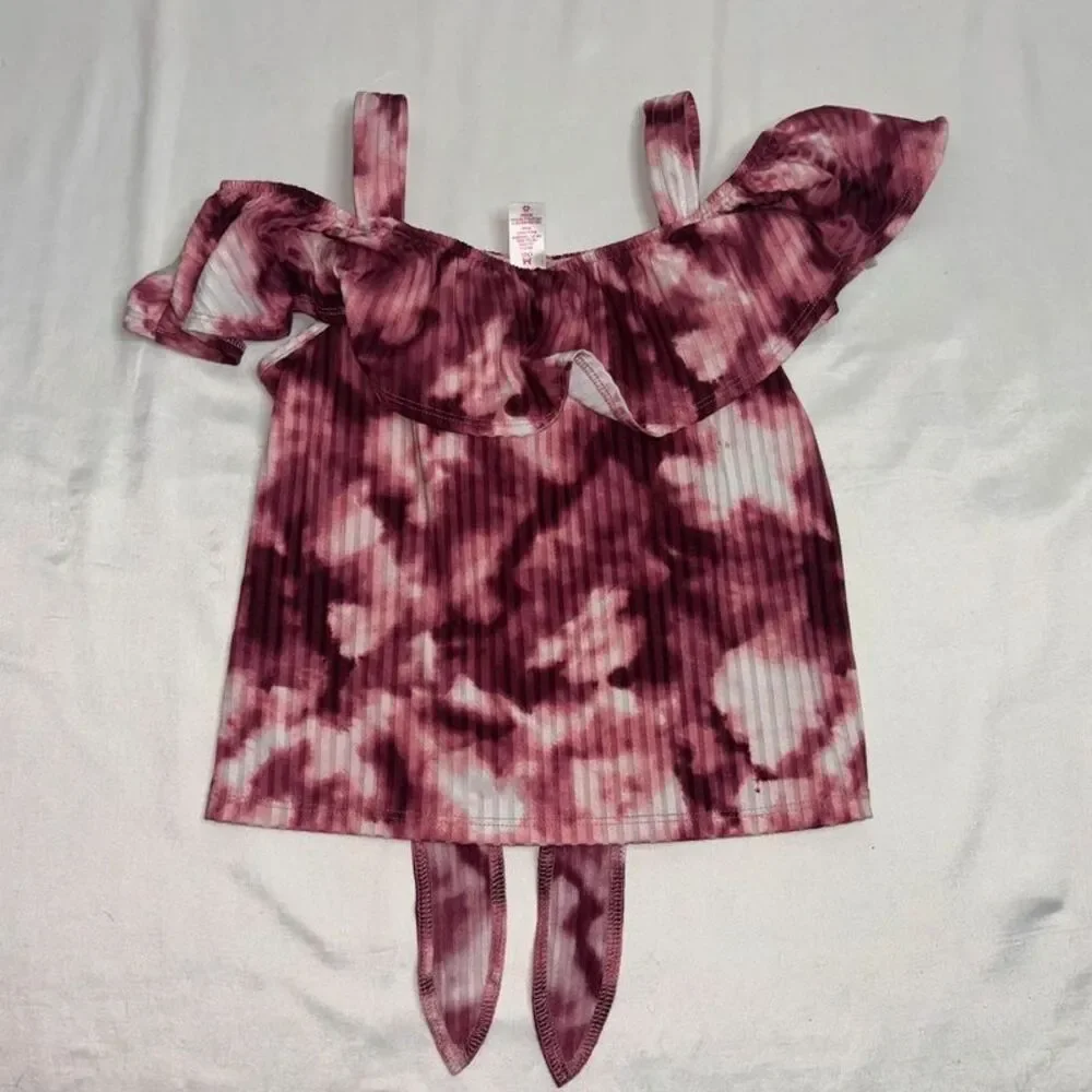 Justice Girls Tie Dye Off Shoulder Ruffle Top Size M (10) | Purple Maroon Blouse